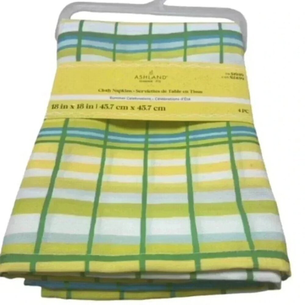 Ashland Cloth Napkins Striped (4) 100% Cotton 20" Black Blue Yellow‎ NEW